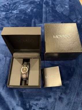 Movado Two-Tone Bracelet Watch with Black Dial and Silver Accents
